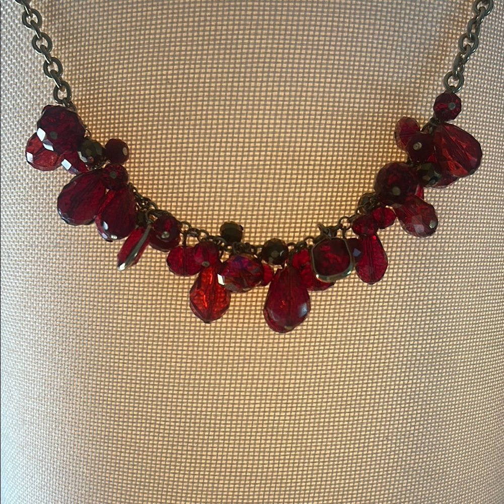 Vintage Red Cluster Necklace with Dark Metal Chain